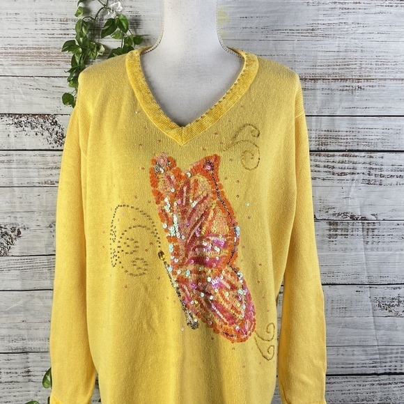 The Quacker Factory Sweater Plus size 1X Yellow Butterfly Sequins Beads Summer - Picture 3 of 15